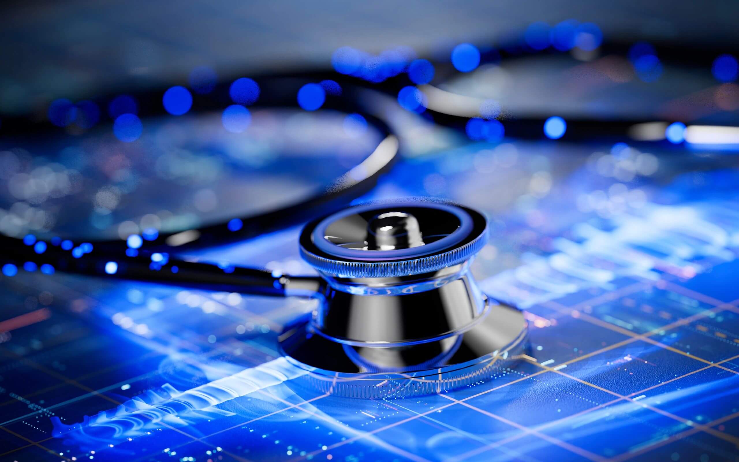 Stethoscope on a digital medical data background.