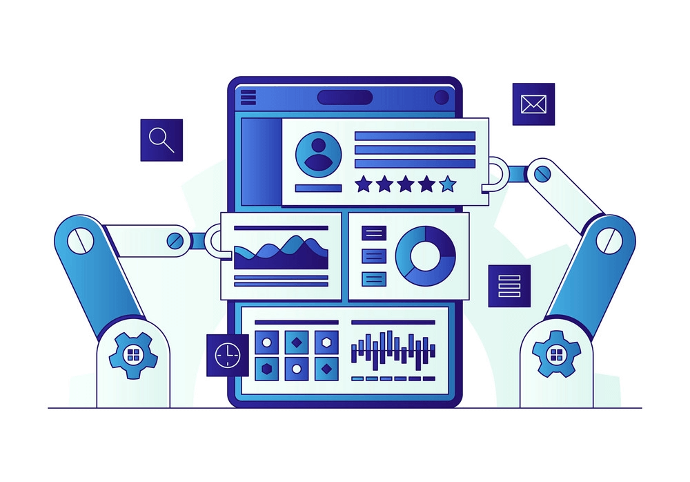 Two robots analyzing digital data on a large screen with charts and user profiles.