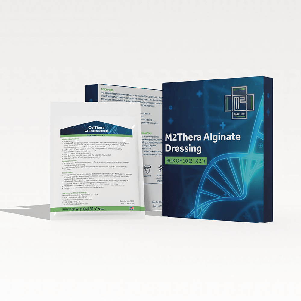 Packaging of MIThera Alginate Dressing for wound care.
