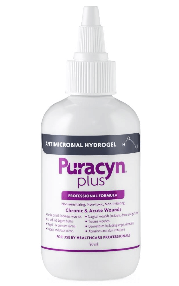 Antimicrobial hydrogel bottle labeled Puracyn Plus.