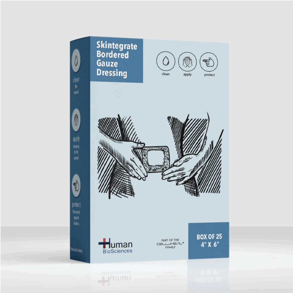 Box of skin-friendly sutured wound dressing with illustrations.